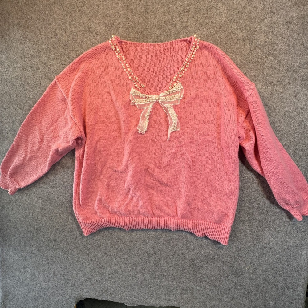 Shein Curve Faux Pearl Embellished V-Neck Sweater 2XL Pink Bow Knit